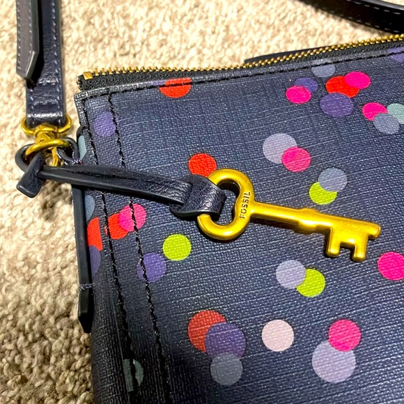 FOSSIL EMMA NAVY POLKA DOT CROSSBODY BAG WITH  KEY FOB - Picture 4 of 9